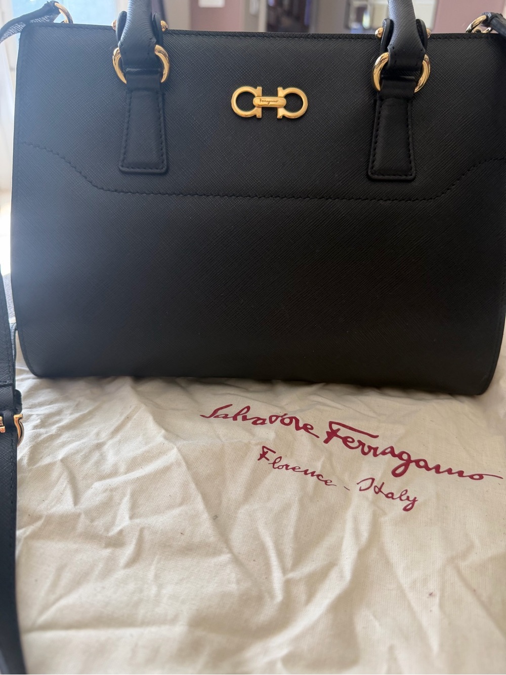 Salvatore Ferragamo Black Leather Satchel with Gold Gancini Hardware